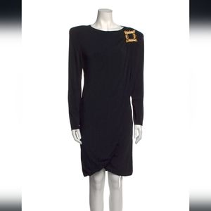 Moschino Couture! Milano Black Dress IT44 US 10 Long Sleeve Metal Brooch